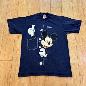 Disney Mickey Mouse Michigan T-Shirt Navy Jerzees Unisex Size M VTG FLAWS